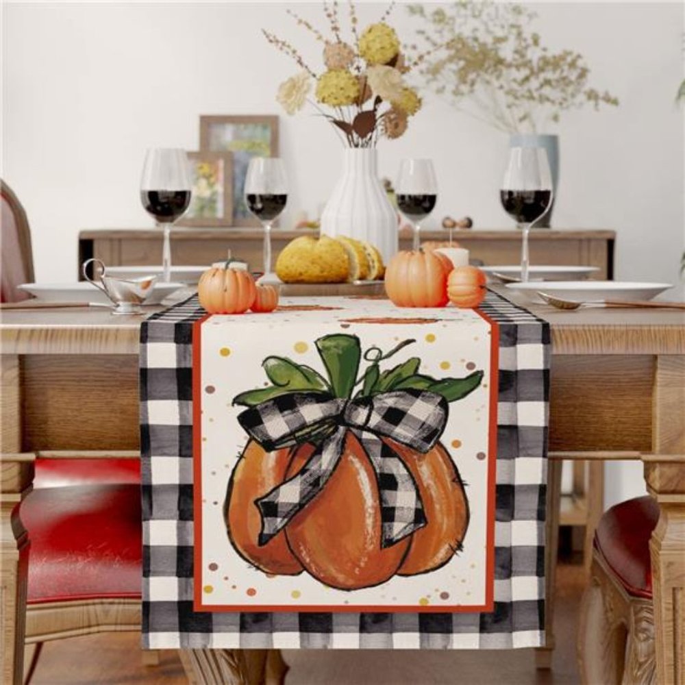 Fall Table Runner, Pumpkin Buffalo Plaid for Table Seasonal Thanksgiving 13x72"